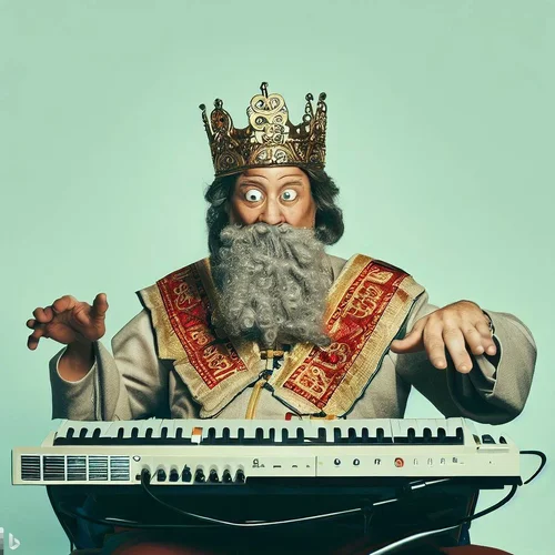 Karl der Große, funny mimics, playing a keyboard-synthesizer-1.webp