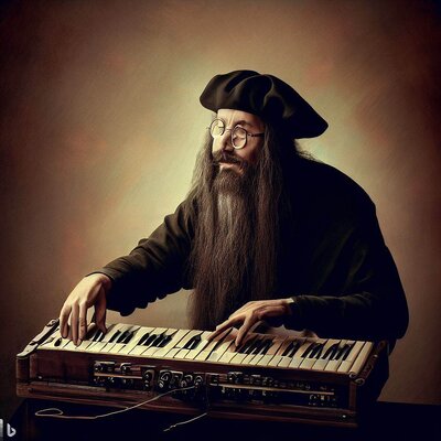 Leonardo da Vinci, funny mimics, playing a keyboard-synthesizer-1.jpg