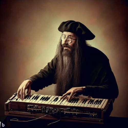 Leonardo da Vinci, funny mimics, playing a keyboard-synthesizer-1.webp