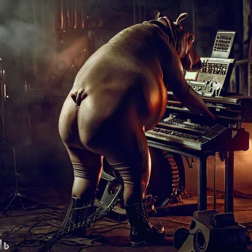 a model, morphed with a hippo, showing her bottom in a dark, apocalyptic studio with a keyboa...webp