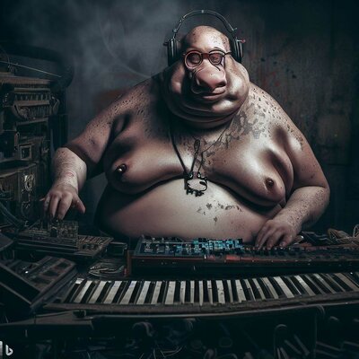 a model, morphed with a hippo, showing her well fed bottom in a dark, apocalyptic studio with ...jpg