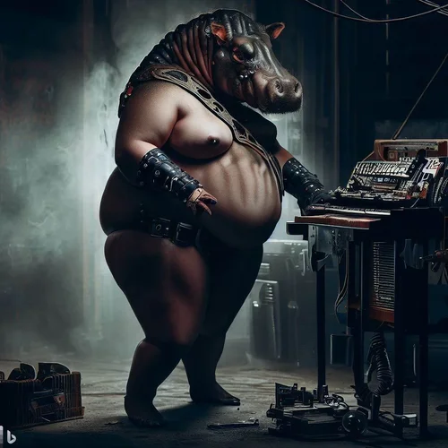 a model, morphed with a hippo, showing her well fed bottom in a dark, apocalyptic studio with...webp