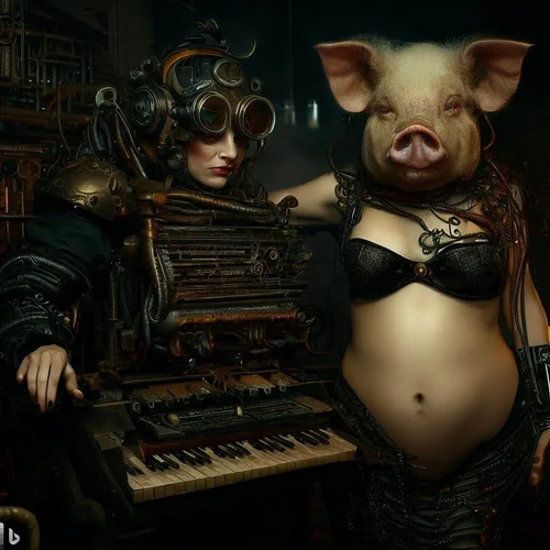a overfed cyberpunk-model, morphed with a pig shows her bottom to an anorectic steampunk-mode...webp