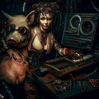 a overfed cyberpunk-model, morphed with a pig shows her bottom to an anorectic steampunk-model...jpg