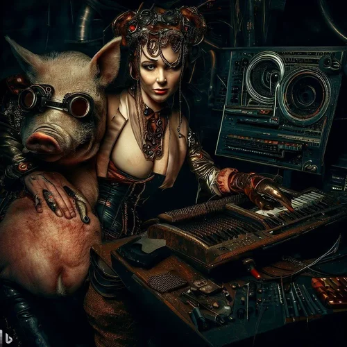 a overfed cyberpunk-model, morphed with a pig shows her bottom to an anorectic steampunk-mode...webp