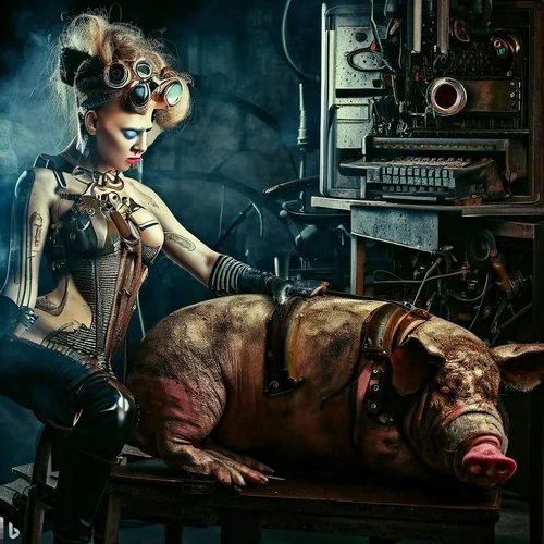a overfed cyberpunk-model, morphed with a pig shows her bottom to an anorectic steampunk-mode...webp