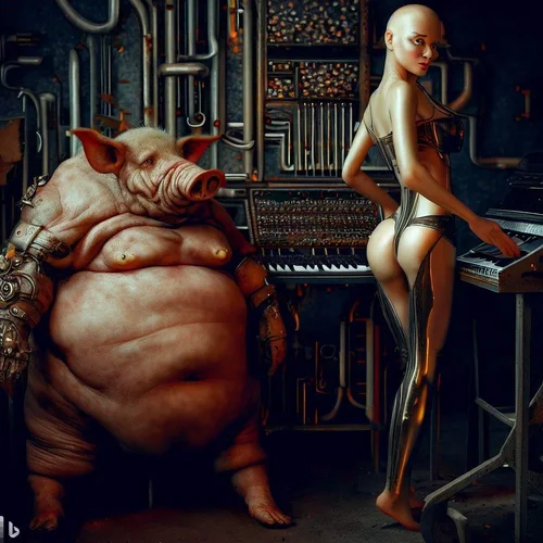 a overfed model, morphed with a pig shows her bottom to an anorectic model, morphed with an a...webp