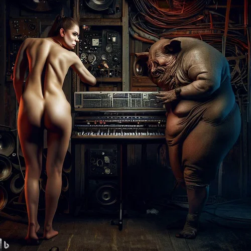 a overfed model, morphed with a pig shows her bottom to an anorectic model, morphed with an a...webp