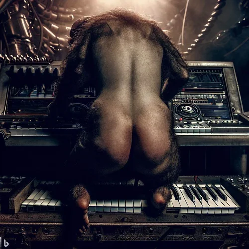 a well fed model, morphed with a chimpansee without fur, showing her bottom in a dark, apocal...webp