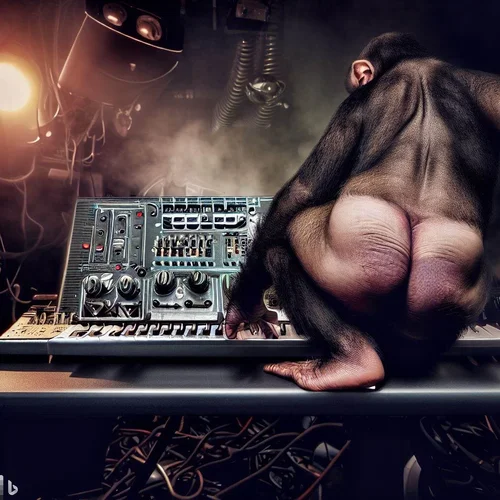 a well fed model, morphed with a female chimpansee without fur, showing her bottom in a dark,...webp