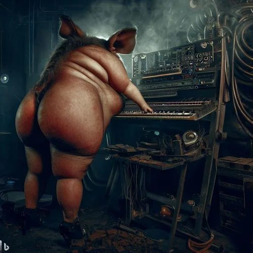 a well fed model, morphed with a pig, showing her bottom in a dark, apocalyptic studio with a...webp