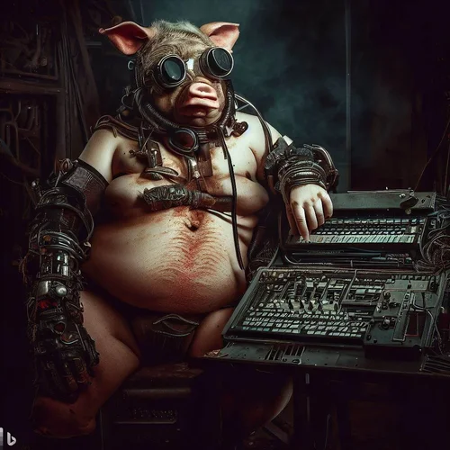 a well fed model, morphed with a pig, showing her bottom in a dark, apocalyptic studio with a...webp