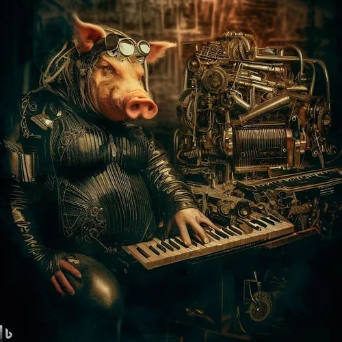 a well fed model, morphed with a pig, showing her bottom in a dark, apocalyptic studio with a...webp
