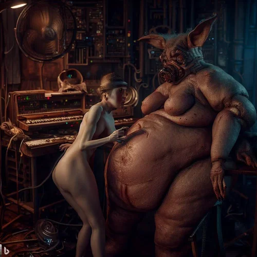 an overfed, morphed with a pig model, showing her bottom to an anorectic, model, who is morph...webp