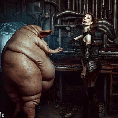 an overfed, morphed with a pig model, showing her bottom to an anorectic, model, who is morphe...jpg