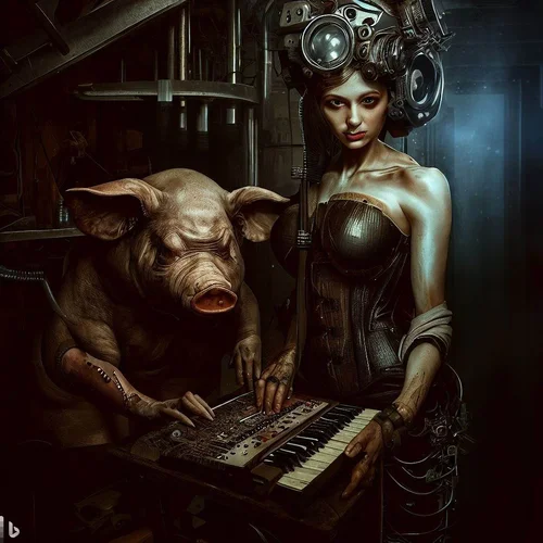 an overfed, morphed with a pig model, showing her bottom to an anorectic, model, who is morph...webp