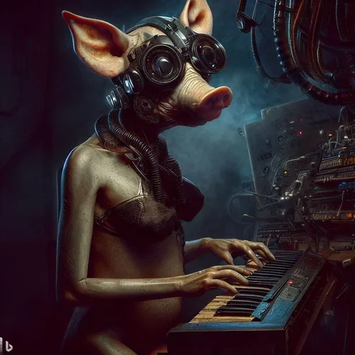 an overfed, morphed with a pig model, showing her bottom to an anorectic, with an alien morph...webp