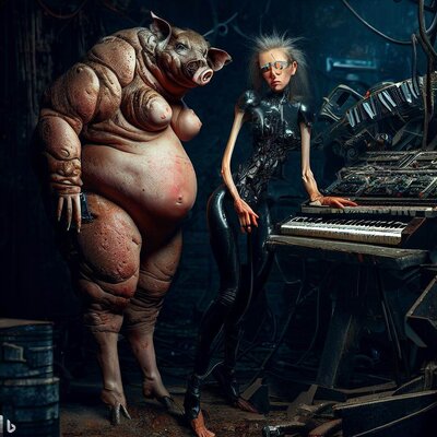 an overfed, morphed with a pig model, showing her bottom to an anorectic, with an alien morphe...jpg