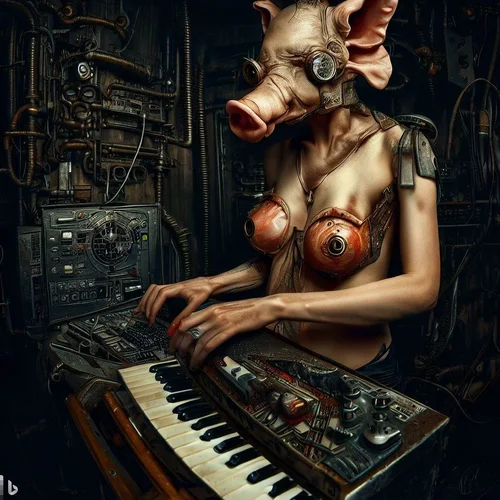 an overfed, morphed with a pig model, showing her bottom to an anorectic, with an alien morph...webp