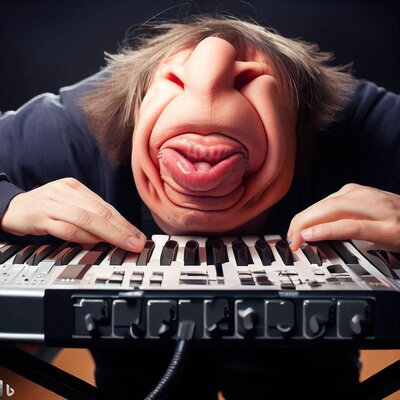a bottom-face showing funny mimics, playing a keyboard-synthesizer-1.jpg