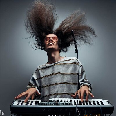 a bottom-head showing funny mimics, tangled short hair, playing a keyboard-synthesizer-3.jpg