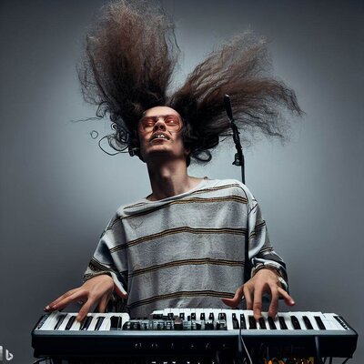 a bottom-head showing funny mimics, tangled short hair, playing a keyboard-synthesizer-3.jpg