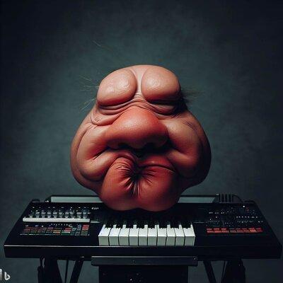 a face made from a well fed arse, funny mimics, playing a keyboard-synthesizer-5.jpg