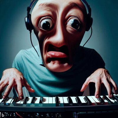 a face morphed with an ass, astonished mimics, playing a keyboard-synthesizer-4.jpg