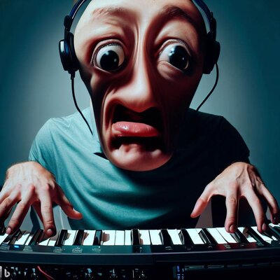 a face morphed with an ass, astonished mimics, playing a keyboard-synthesizer-4.jpg