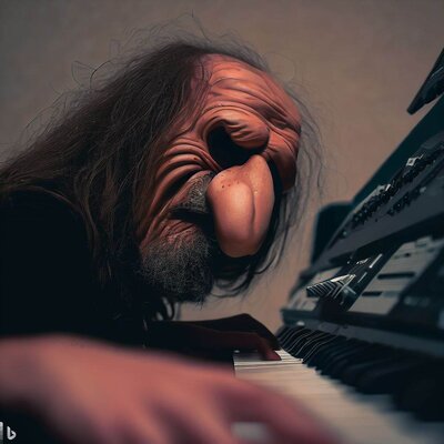a funny face with a long, shriveled nose and a hairy chin, playing a keyboard-synthesizer-1.jpg