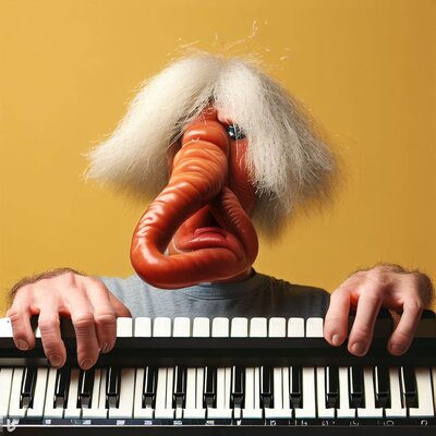 a funny face with a long, shriveled nose made from sausages and a hairy chin, playing a keyboa...jpg