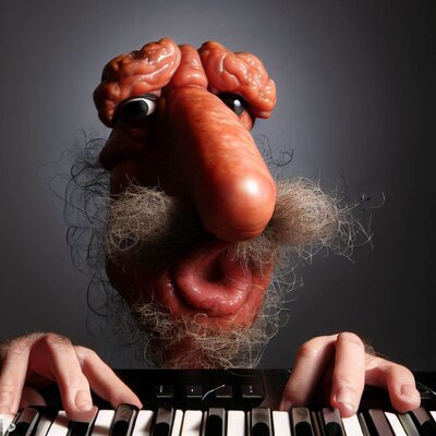 a funny face with a long, shriveled nose made from sausages and a hairy chin, playing a keyboa...jpg