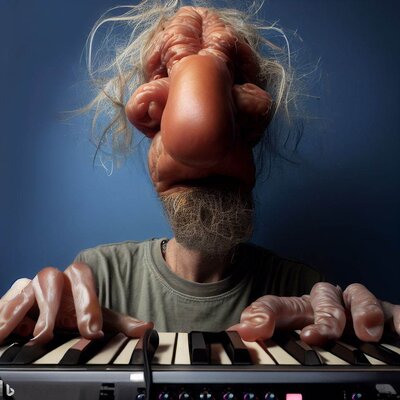 a funny face with a long, shriveled nose made from sausages and a hairy chin, playing a keyboa...jpg