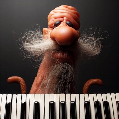 a funny face with a long, shriveled nose made from sausages and a hairy chin, playing a keyboa...jpg