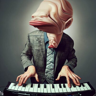 a head morphed with a bottom, showing funny mimics, playing a keyboard-synthesizer-1.jpg