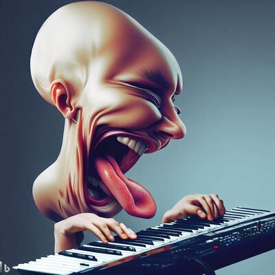 a head morphed with a bottom, showing funny mimics, playing a keyboard-synthesizer-3.jpg