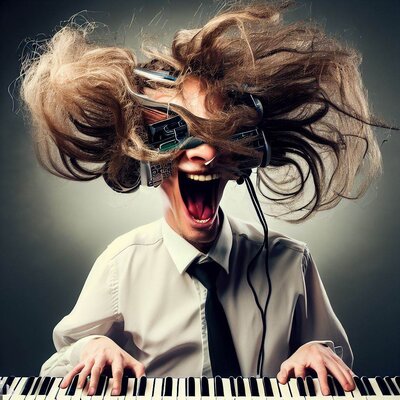 a head showing funny mimics, tangled hair, playing a keyboard-synthesizer-1.jpg