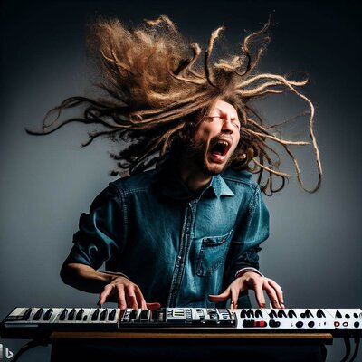 a head showing funny mimics, tangled hair, playing a keyboard-synthesizer-3.jpg