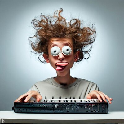 a head showing funny mimics, tangled, short hair, playing a keyboard-synthesizer-1.jpg