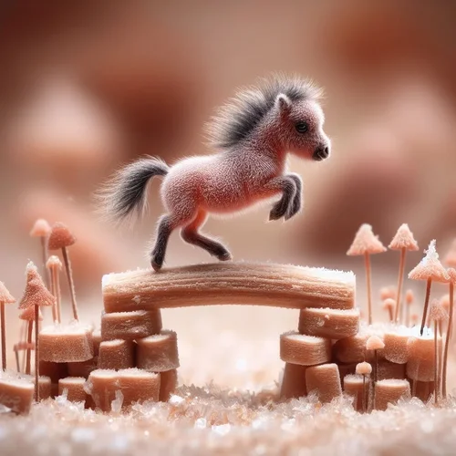 Ein mikroskopisch kleines Zwergpferdchen springt über ein ebenso winziges Hindernis. Mikrofot...webp