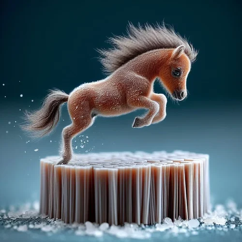 Ein mikroskopisch kleines Zwergpferdchen springt über ein ebenso winziges Hindernis. Mikrofot...webp