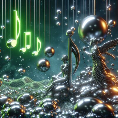 Fotorealistic high detailed Chrome music notes floating like acid; adam and eve singing in a ...jpeg