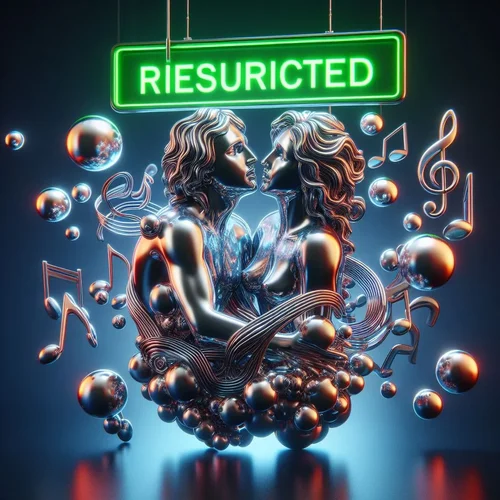 Fotorealistic high detailed Chrome music notes floating like acid; adam and eve singing in a ...jpeg