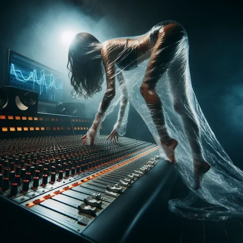 Ein Model mit Kleidung aus Frischhaltefolie mutiert zu einer organisch-verzweigten Sinuswelle...webp