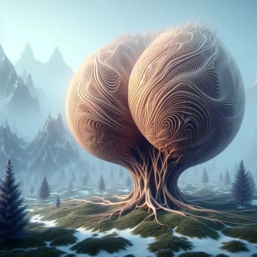 Ein Gesäß aus organisch-verzweigten Sinuswellen mutiert zu einem Quaternion in nebliger Fanta...webp