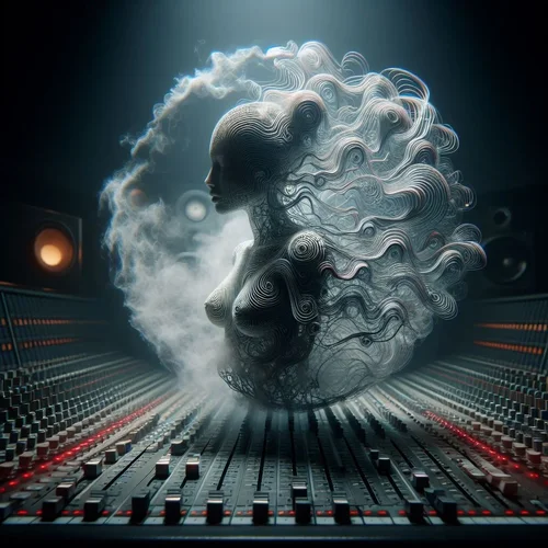 Eine Frauengestalt aus organisch-verzweigten Sinuswellen mutiert zu einer Sphäre in einem dun...webp