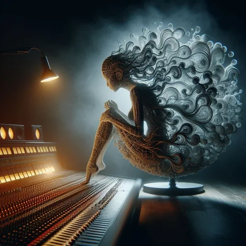 Eine Frauengestalt aus organisch-verzweigten Sinuswellen mutiert zu einer Sphäre in einem dun...webp