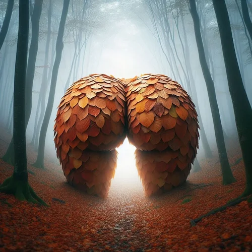 Ein Gesäß aus Herbstlaub schwebt in einem nebligen, mystisch beleuchteten Wald-1.webp