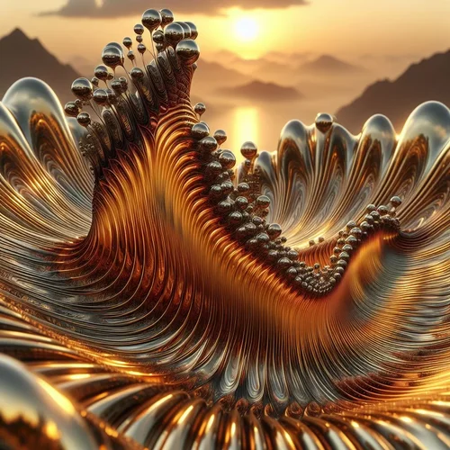 eine aus Ferrofluid geformte organisch-verzweigte Sinuswelle in einer Landschaft aus polierte...webp