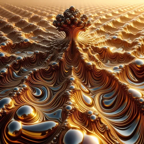 eine aus Ferrofluid geformte organisch-verzweigte Sinuswelle in einer Landschaft aus polierte...webp